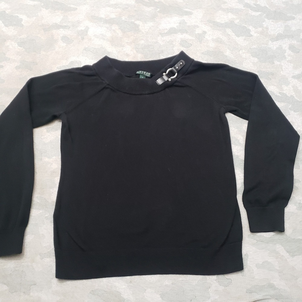 Lauren Ralph Lauren Sweater Womens Medium Black Pullover Mock Neck Buckle